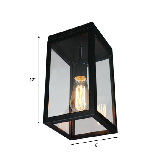 Rectangular Shade Clear Glass Ceiling Light Fixture - 1 Light, Traditional, Flush Mount in Black for Living Room