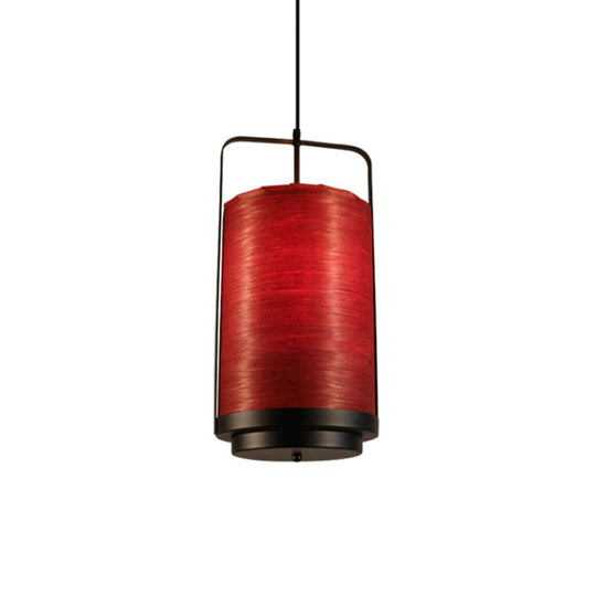 Modern 1-Light Cylindrical Pendant Lamp In White/Red/Green Fabric For Dining Room