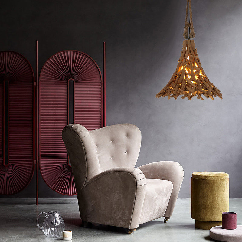 Rustic Flared Wood Sticks Hanging Pendant Light in Beige - Indoor Use