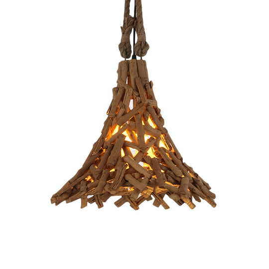 Rustic Flared Wood Sticks Hanging Pendant Light in Beige - Indoor Use