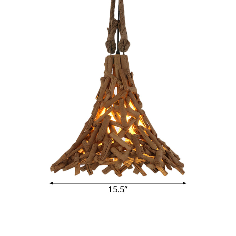 Rustic Flared Wood Sticks Hanging Pendant Light in Beige - Indoor Use