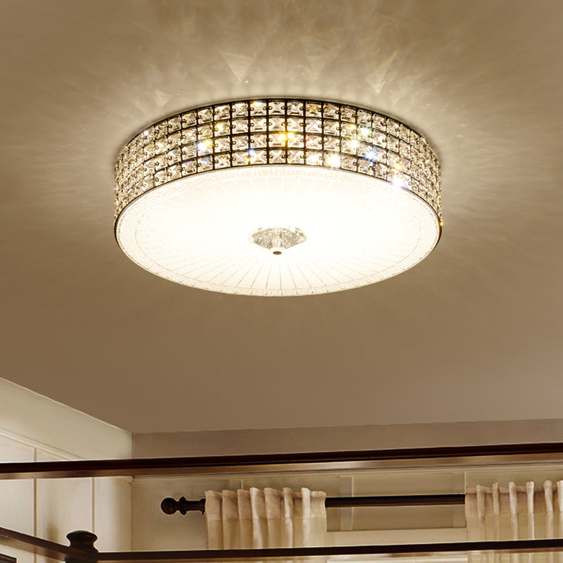 Modern LED Flush Mount Lamp with Clear Crystal Drum Shade - 16"/19.5" Width - Bedchamber Ceiling Light Fixture