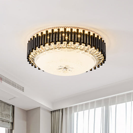 Contemporary Crystal LED Black Flush Ceiling Light with Chimes - Bedroom Bowl Fixture