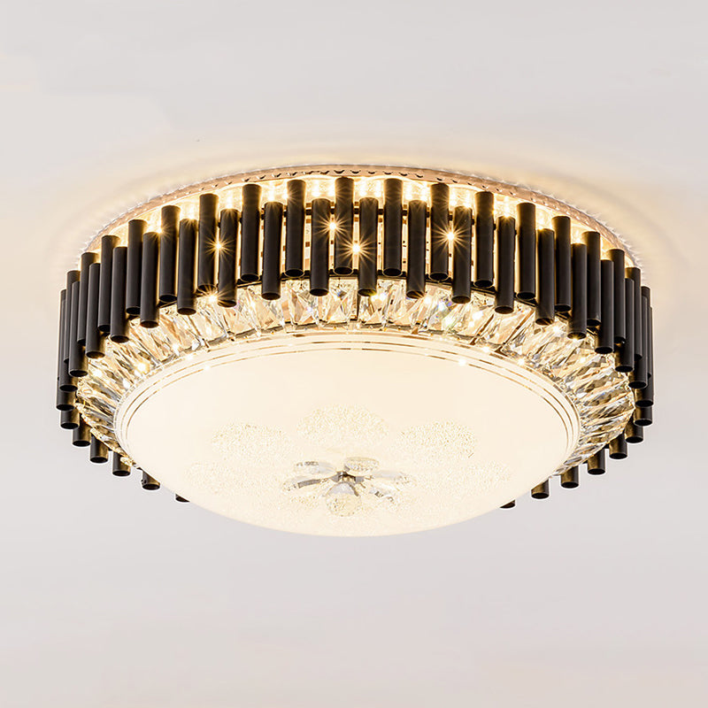 Contemporary Crystal LED Black Flush Ceiling Light with Chimes - Bedroom Bowl Fixture