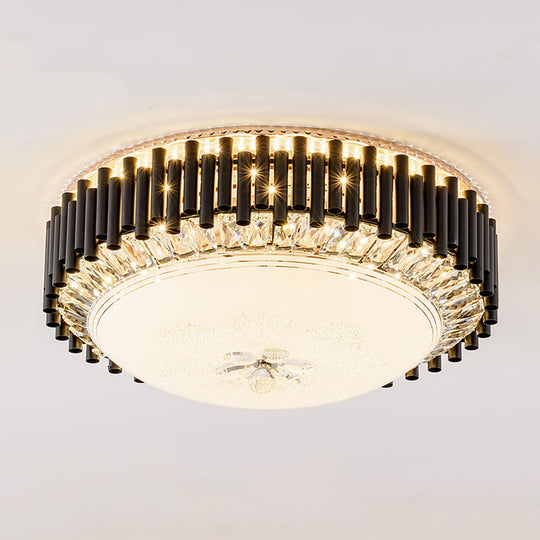 Contemporary Crystal LED Black Flush Ceiling Light with Chimes - Bedroom Bowl Fixture