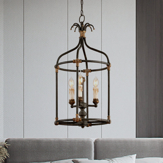 Rustic Birdcage Chandelier: Living Room Lighting Pendant Lamp | Metallic Black & Gold 3-Bulb
