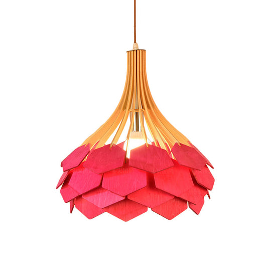 Modern Pine Cone Hanging Light Fixture - Wood Pendant Lamp For Dining Room With Red/Blue 1 Bulb