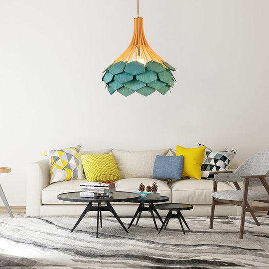 Modern Pine Cone Hanging Light Fixture - Wood Pendant Lamp For Dining Room With Red/Blue 1 Bulb Blue