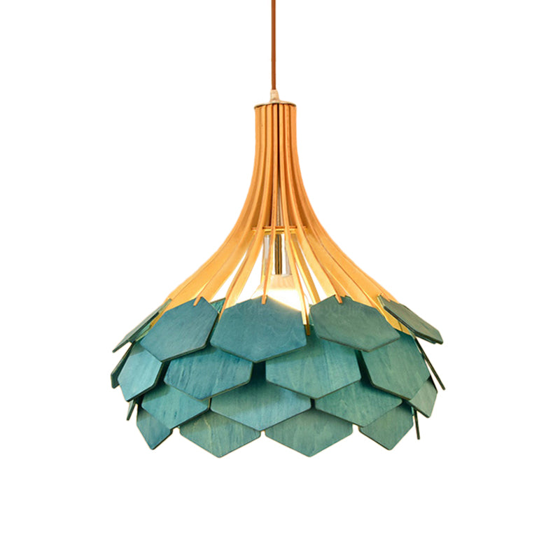 Modern Pine Cone Hanging Light Fixture - Wood Pendant Lamp For Dining Room With Red/Blue 1 Bulb