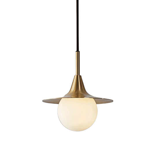 Mid Century Brass Pendant Light With Flared Milk Glass Ball Shade Ideal For Dining Table