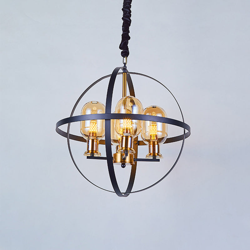 Contemporary Amber Glass Pendant Chandelier with Orb Frame Design - 4/6-Light Suspension Lamp in Black-Gold