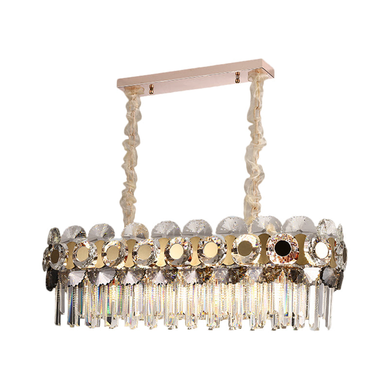 Contemporary Metal-Facing Island Chandelier With 11 Bulbs Clear Crystal Prisms And Hanging Light