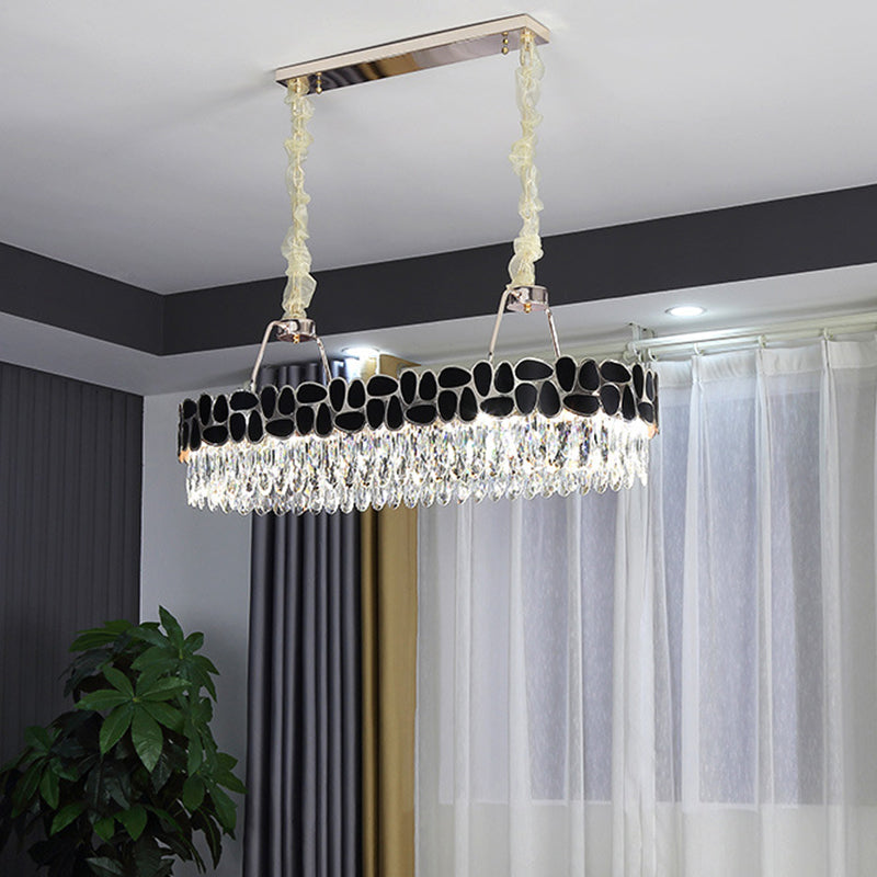 Black 8-Head Island Lamp With Modern Clear Crystal Prisms - Oval Light Fixture