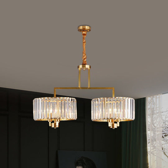 Suspension à prisme en cristal moderne avec 6 ampoules - Lustre à tambour transparent pour grande pièce