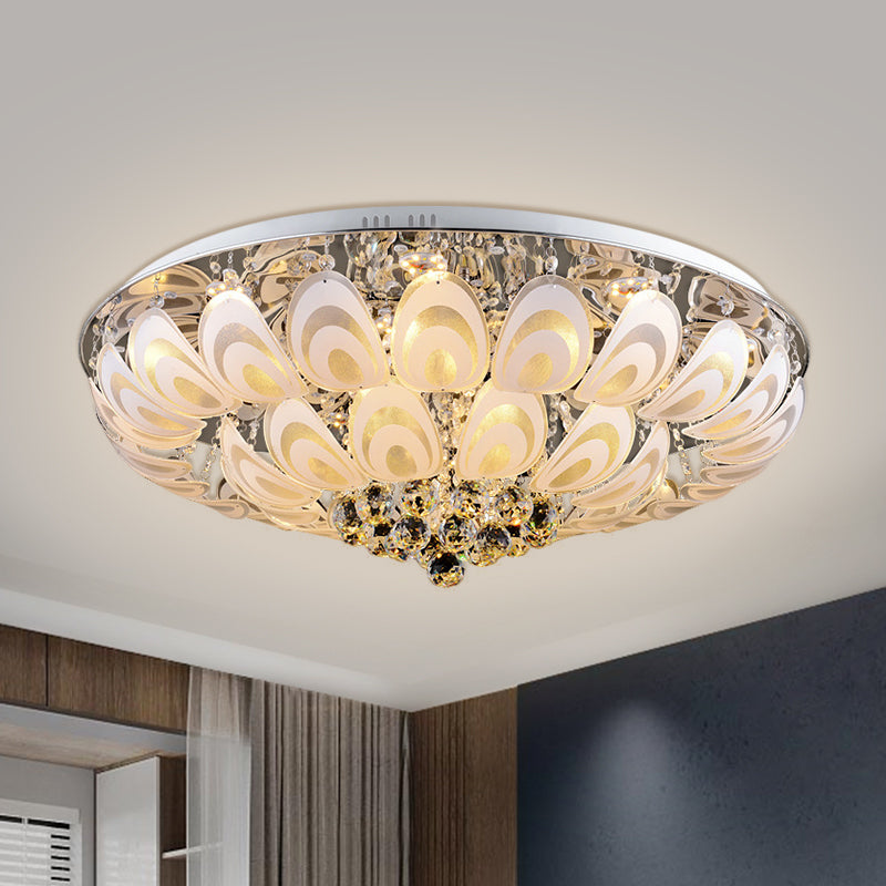 Contemporary Flush Mount Lighting Fixture with Crystal Balls and Peacock Feather Design - 8/10 Heads, 23.5"/31.5" Wide