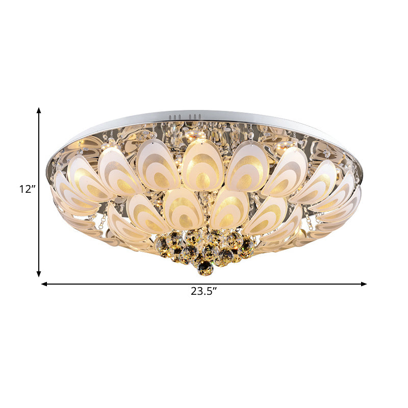 Contemporary Flush Mount Lighting Fixture with Crystal Balls and Peacock Feather Design - 8/10 Heads, 23.5"/31.5" Wide