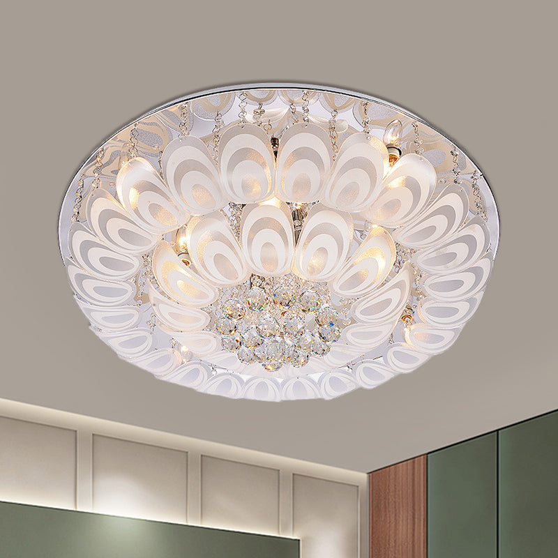 Contemporary Flush Mount Lighting Fixture With Crystal Balls And Peacock Feather Design - 8/10 Heads