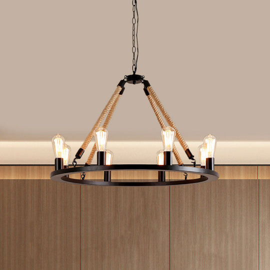 Vintage 6/8-Light Metallic Circular Hanging Lamp in Brown with Exposed Bulb & Rope Suspension for Dining Room