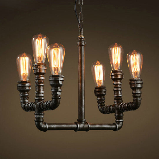 Vintage Industrial Metal Rust Chandelier Pendant Light - 6-Head Open Bulb Design with Hanging Pipe