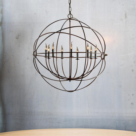 Antique Style Spherical Chandelier With Cage Shade - Iron Ceiling Pendant Lighting In Rust