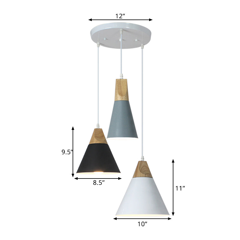 Nordic Style Metal & Wood Hanging Pendant Light with 3 Multi-Colored Bulbs