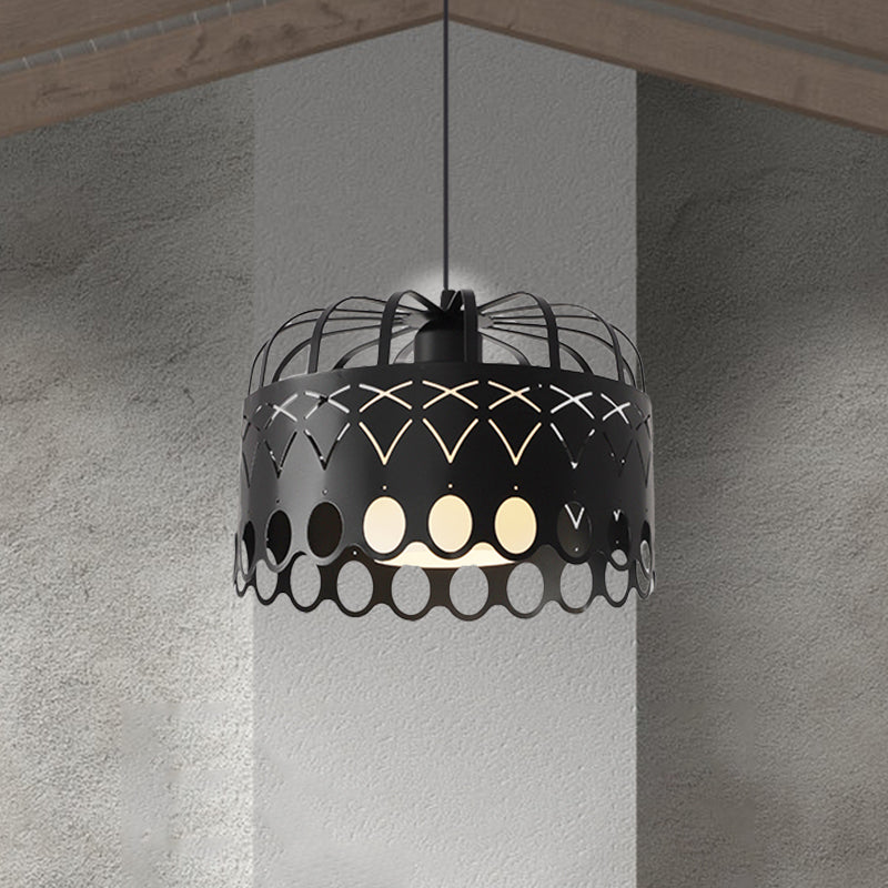 Industrial Black Metal Drum Hanging Light with Cage Shade - 1-Light Pendant for Dining Room