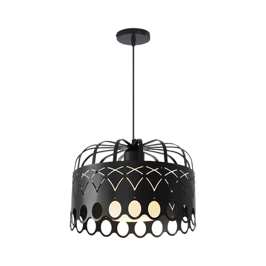 Industrial Black Metal Drum Hanging Light with Cage Shade - 1-Light Pendant for Dining Room