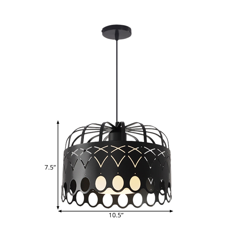 Industrial Black Metal Drum Hanging Light with Cage Shade - 1-Light Pendant for Dining Room