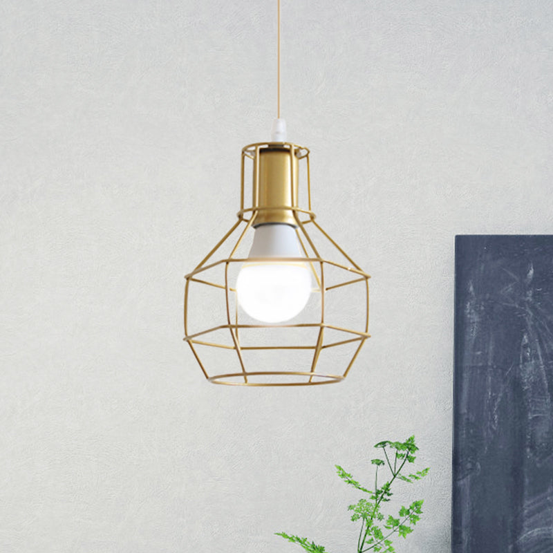 Gold Wire Cage Pendant Light - Retro Industrial Iron Hanging Lamp with Shade for Coffee Shop