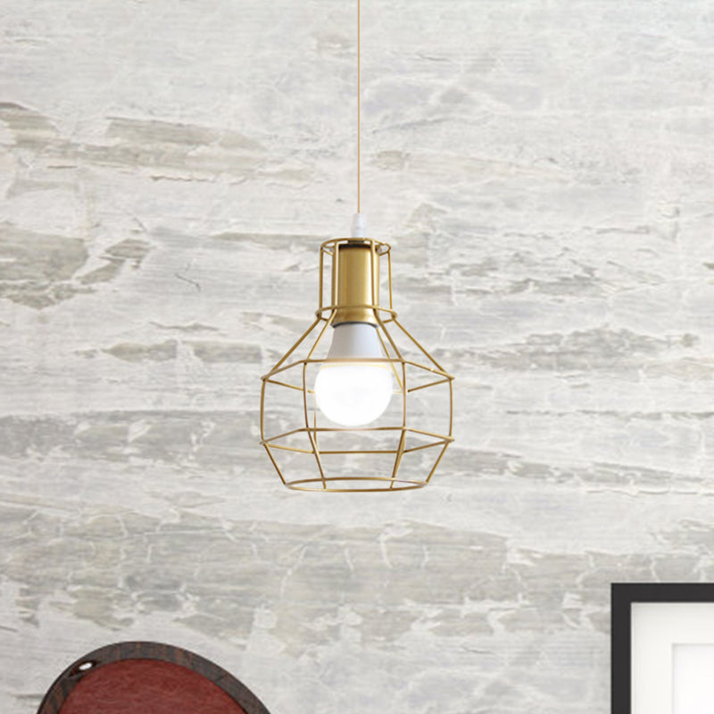 Gold Wire Cage Pendant Light - Retro Industrial Iron Hanging Lamp For Coffee Shop
