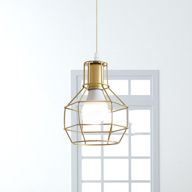 Gold Wire Cage Pendant Light - Retro Industrial Iron Hanging Lamp For Coffee Shop