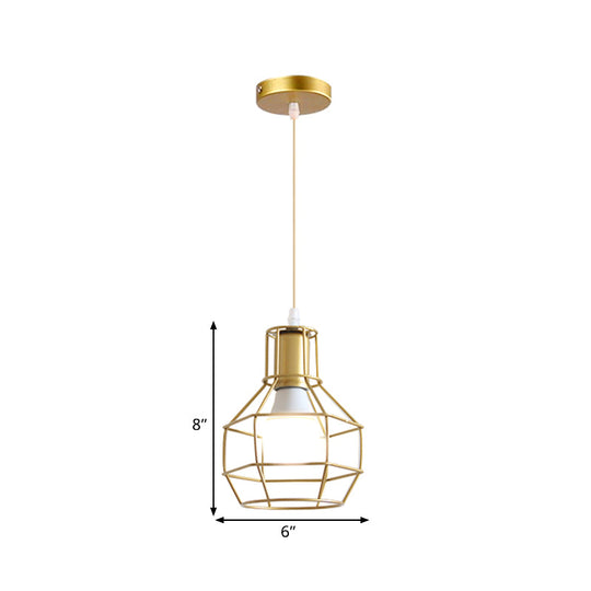 Gold Wire Cage Pendant Light - Retro Industrial Iron Hanging Lamp with Shade for Coffee Shop