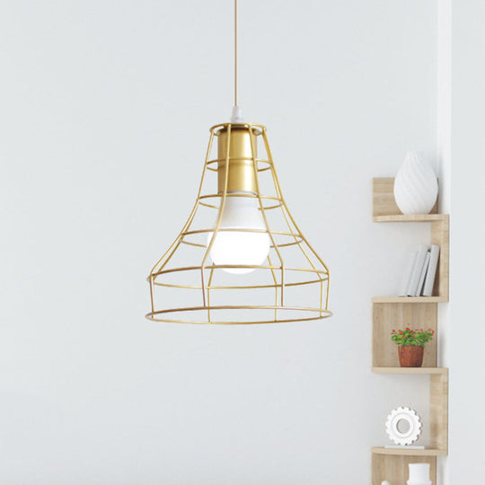 Gold Wire Cage Pendant Light - Retro Industrial Iron Hanging Lamp with Shade for Coffee Shop