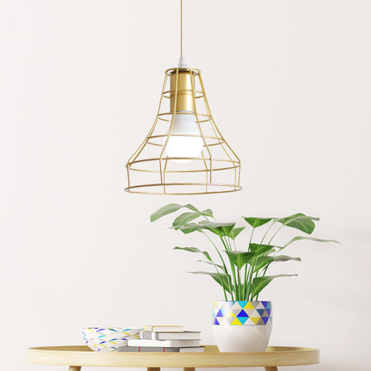 Gold Wire Cage Pendant Light - Retro Industrial Iron Hanging Lamp For Coffee Shop