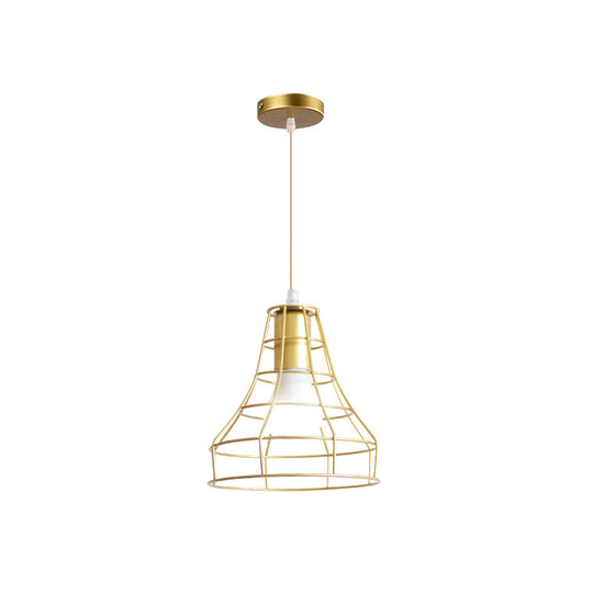 Gold Wire Cage Pendant Light - Retro Industrial Iron Hanging Lamp with Shade for Coffee Shop