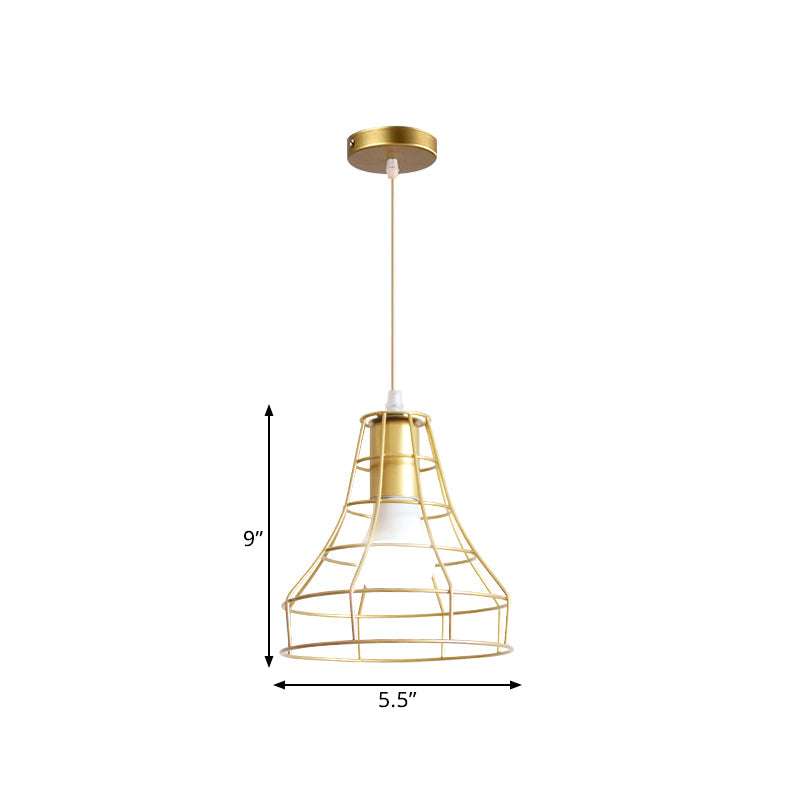 Gold Wire Cage Pendant Light - Retro Industrial Iron Hanging Lamp with Shade for Coffee Shop