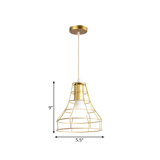 Gold Wire Cage Pendant Light - Retro Industrial Iron Hanging Lamp with Shade for Coffee Shop