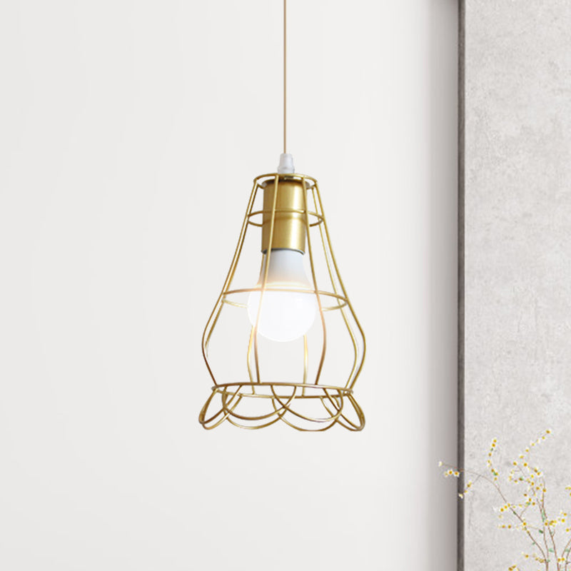 Gold Wire Cage Pendant Light - Retro Industrial Iron Hanging Lamp with Shade for Coffee Shop