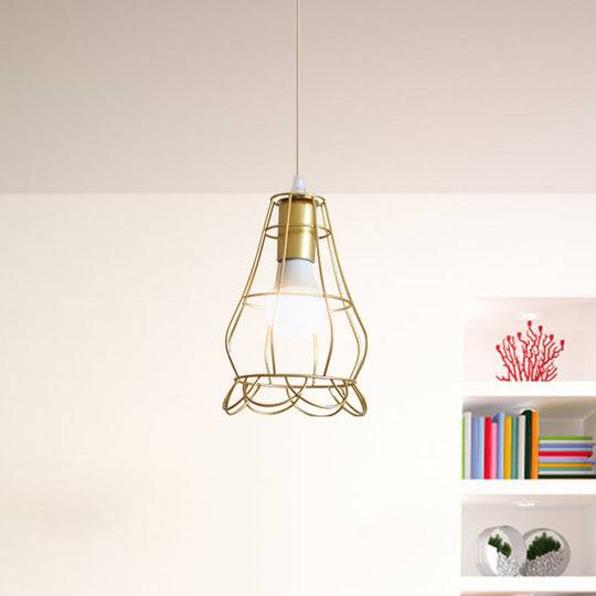 Gold Wire Cage Pendant Light - Retro Industrial Iron Hanging Lamp with Shade for Coffee Shop
