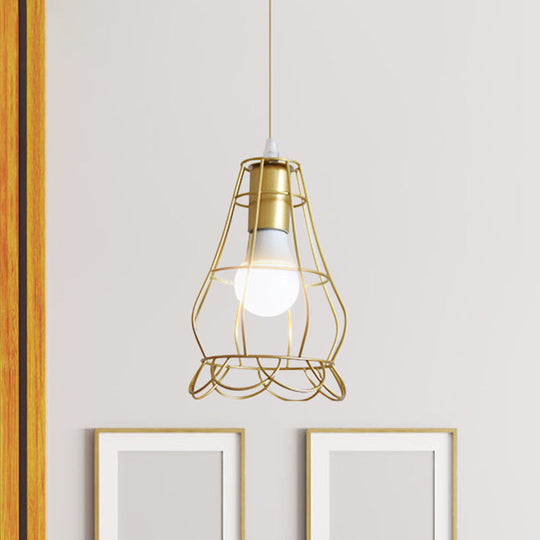 Gold Wire Cage Pendant Light - Retro Industrial Iron Hanging Lamp For Coffee Shop