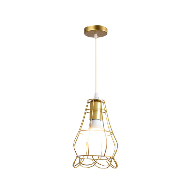 Gold Wire Cage Pendant Light - Retro Industrial Iron Hanging Lamp with Shade for Coffee Shop