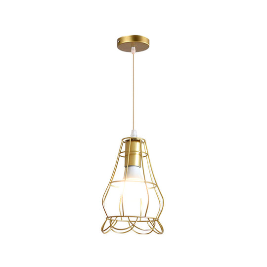Gold Wire Cage Pendant Light - Retro Industrial Iron Hanging Lamp with Shade for Coffee Shop