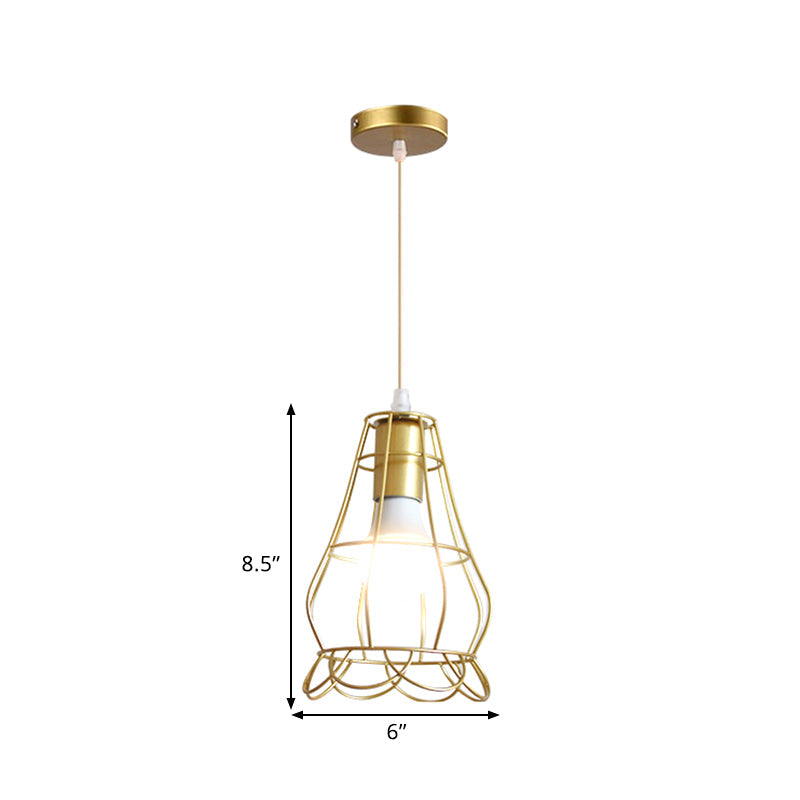 Gold Wire Cage Pendant Light - Retro Industrial Iron Hanging Lamp with Shade for Coffee Shop