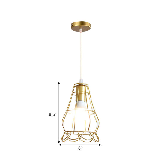 Gold Wire Cage Pendant Light - Retro Industrial Iron Hanging Lamp with Shade for Coffee Shop