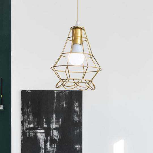 Gold Wire Cage Pendant Light - Retro Industrial Iron Hanging Lamp with Shade for Coffee Shop