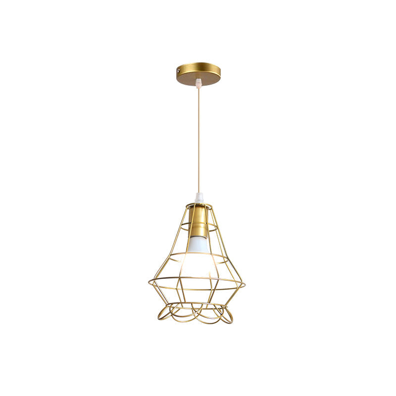 Gold Wire Cage Pendant Light - Retro Industrial Iron Hanging Lamp with Shade for Coffee Shop