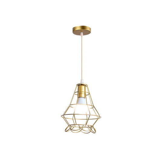 Gold Wire Cage Pendant Light - Retro Industrial Iron Hanging Lamp For Coffee Shop