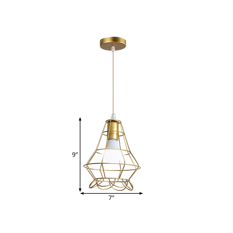 Gold Wire Cage Pendant Light - Retro Industrial Iron Hanging Lamp For Coffee Shop
