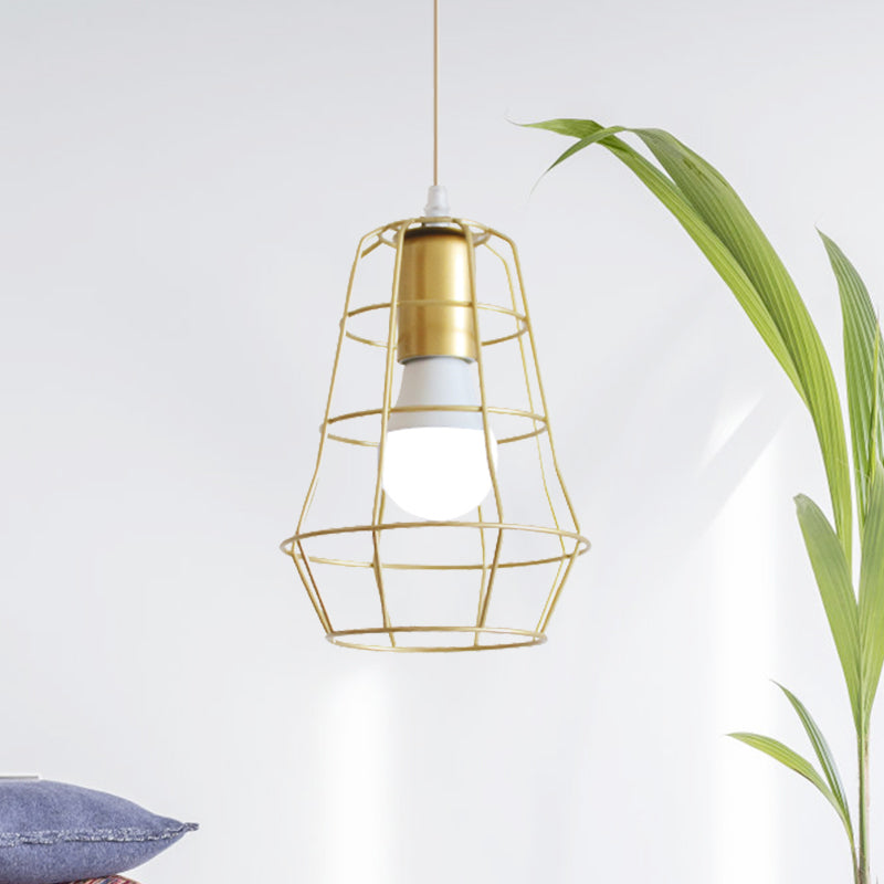 Gold Wire Cage Pendant Light - Retro Industrial Iron Hanging Lamp with Shade for Coffee Shop
