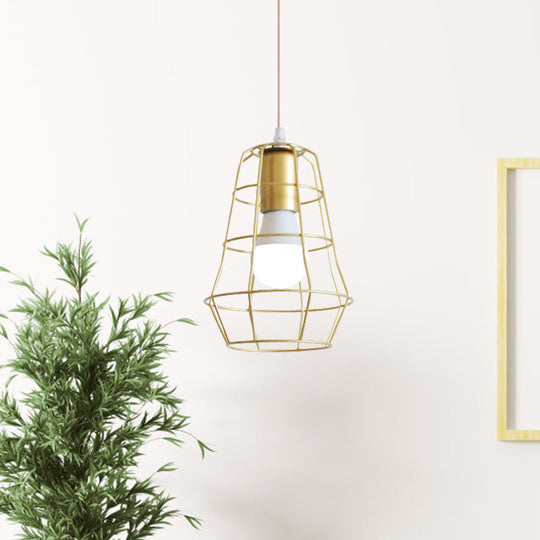 Gold Wire Cage Pendant Light - Retro Industrial Iron Hanging Lamp with Shade for Coffee Shop